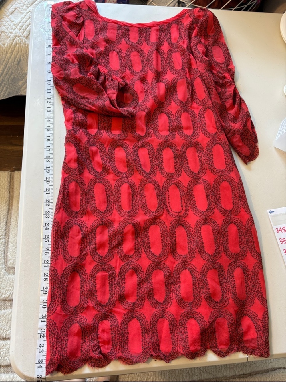 Silk Midi Dress Size Small Red Black Romantic Geometric Puff Sleeve Artsy Dainty - Picture 10 of 11